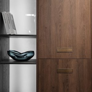 brown wooden cabinet beside white printer